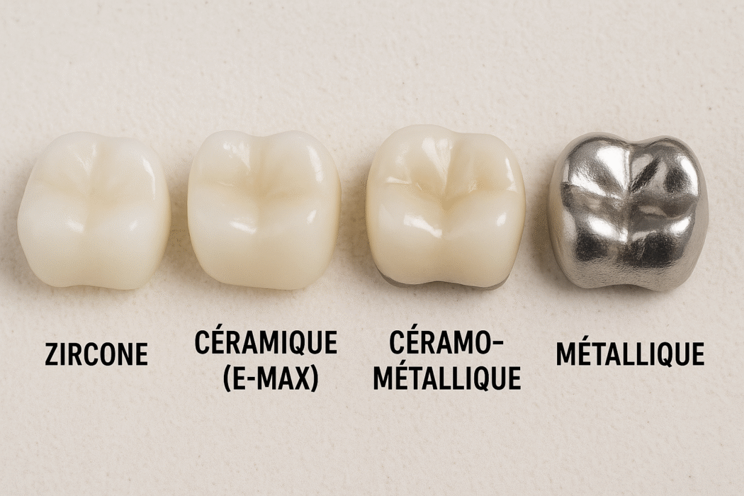 Types de couronnes dentaires en Algérie, couronne dentaire en zircone, couronne dentaire en céramique (E-max), couronne dentaire céramo-métallique, couronne dentaire métallique